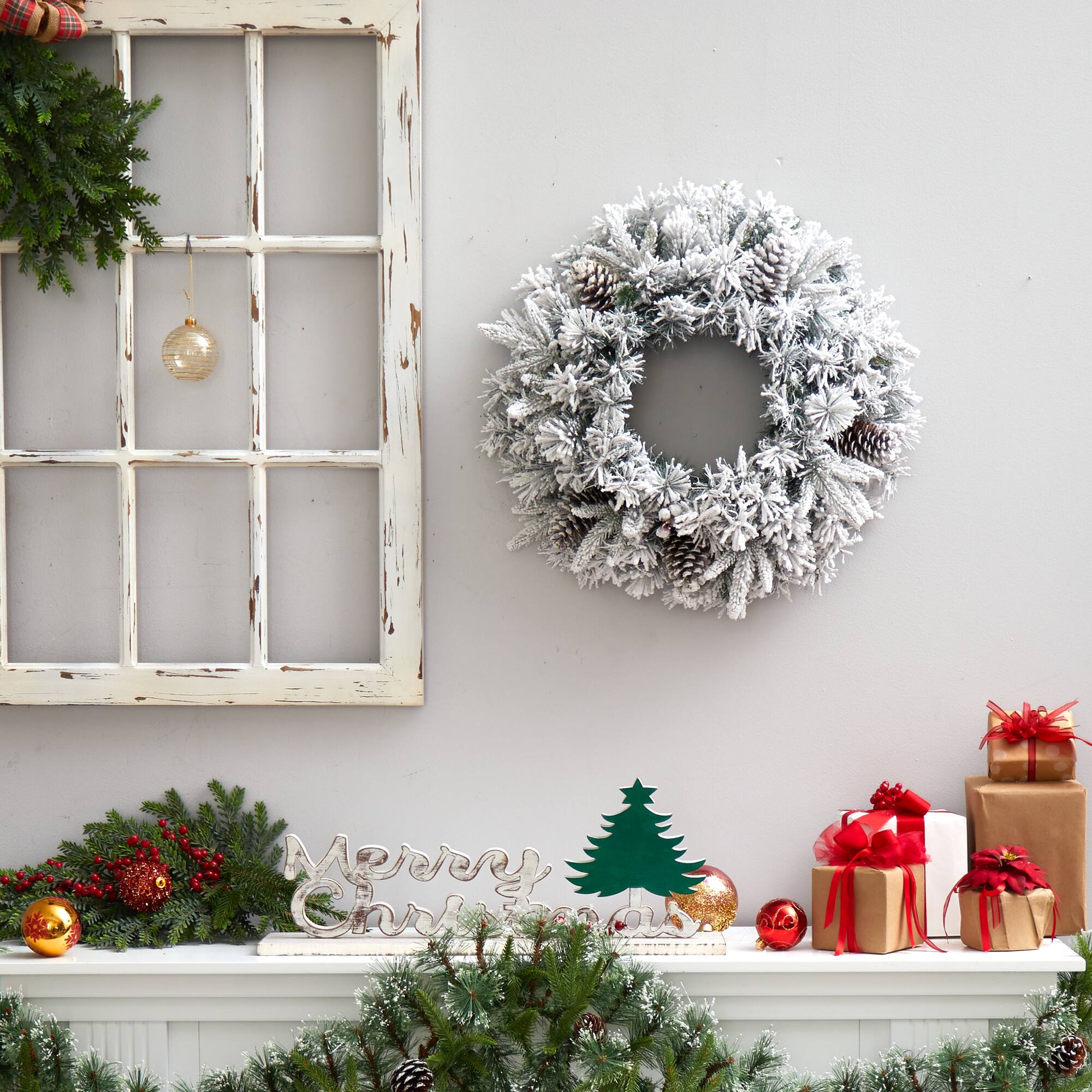 20" White LED Lights Flocked Artificial Christmas Wreath